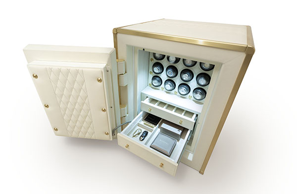 2418 bespoke leather safe in cream and gold interior with watch winders